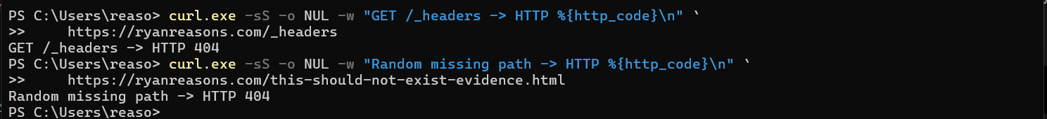 Public curl validation showing the headers deployment artifact and a random missing path both return HTTP 404
