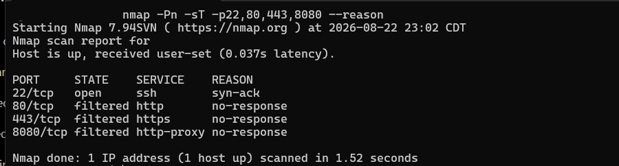 WSL Nmap validation showing SSH open while TCP 80, 443, and 8080 are filtered