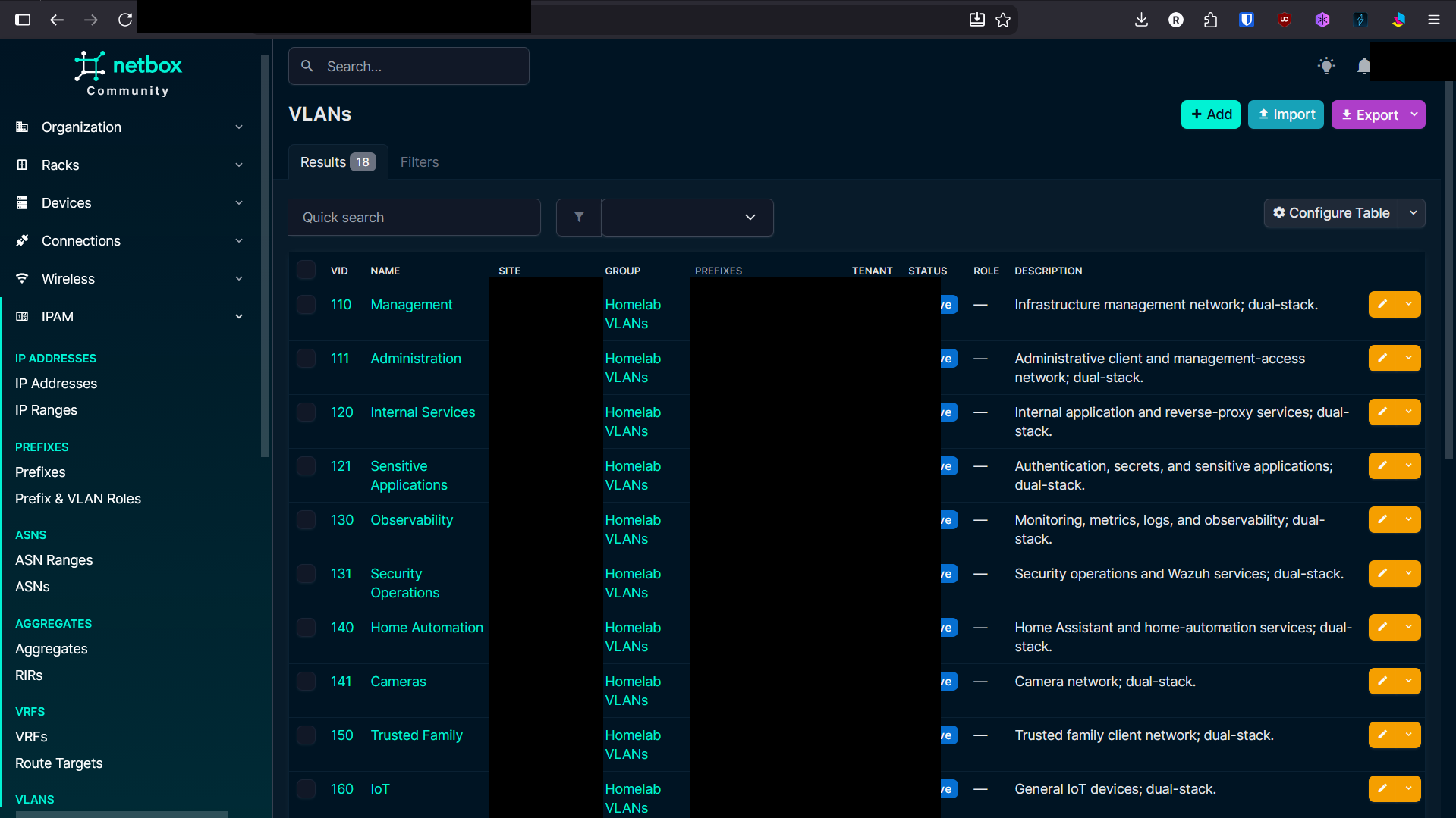 NetBox VLAN inventory top half